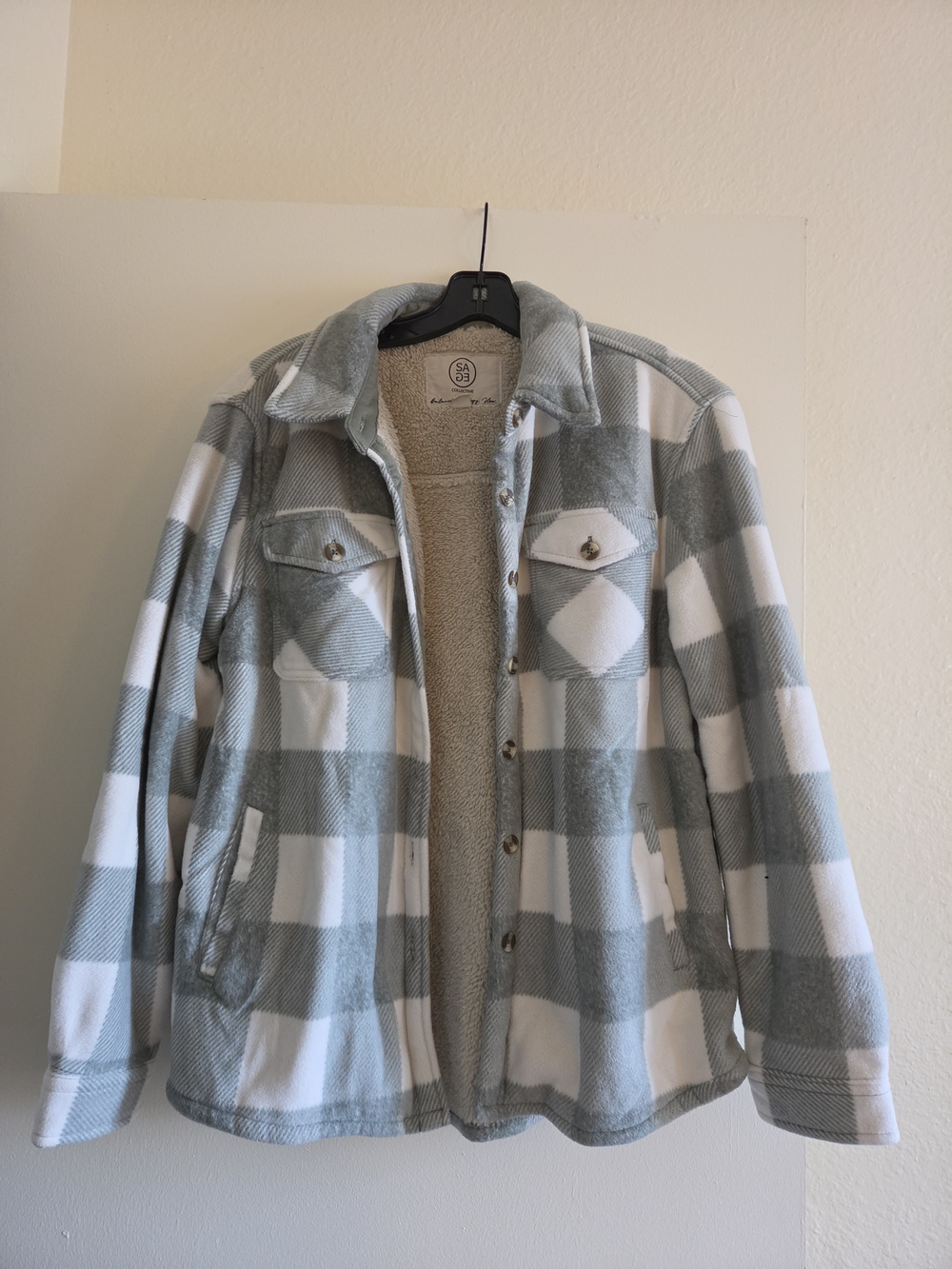 Cozy Blue-Gray & White Plaid Sherpa-Lined Shacket